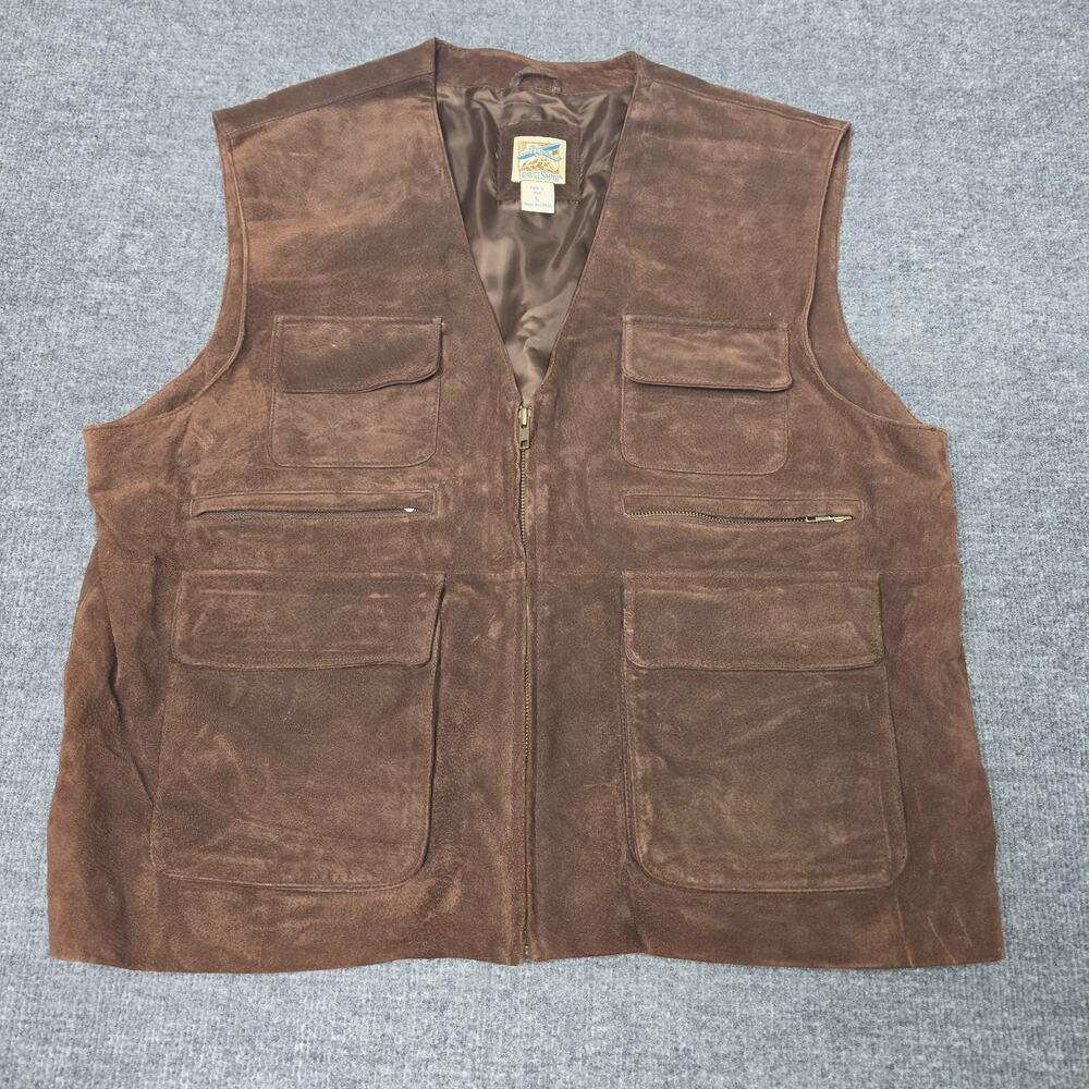 TravelSmith Mens L Genuine Leather Utility Safari Travel Vest Brown Multi Pocket